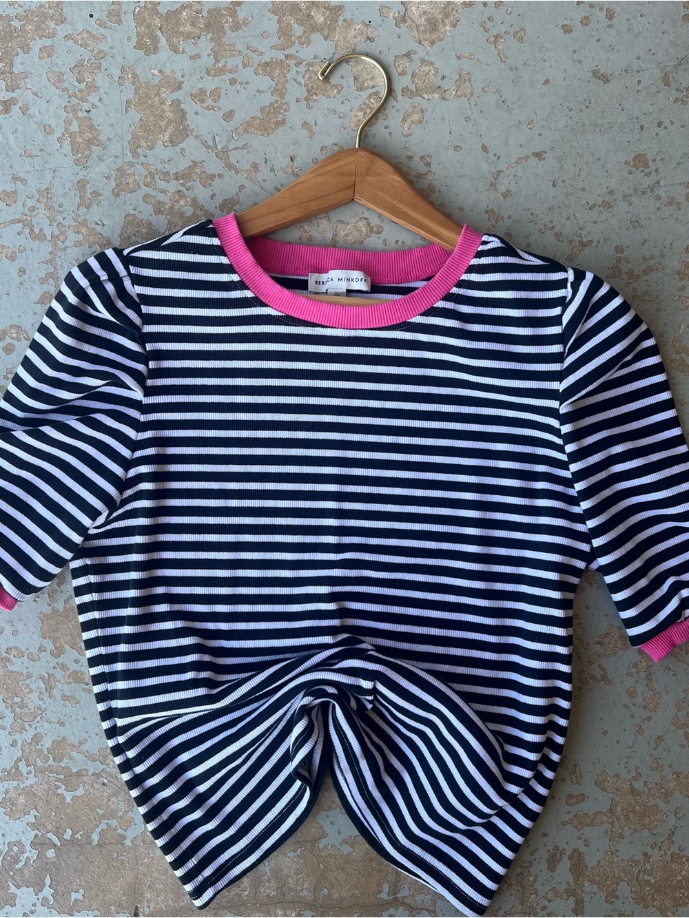 Rebecca Minkoff Black and White Striped Blouse with Pink Trim